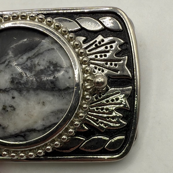Vintage Silver Tone Black Belt Buckle Marble Stone Design Western Engraved main image 14